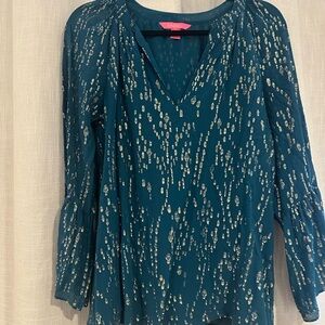 Lilly Pulitzer Teal Blouse with Gold Pattern